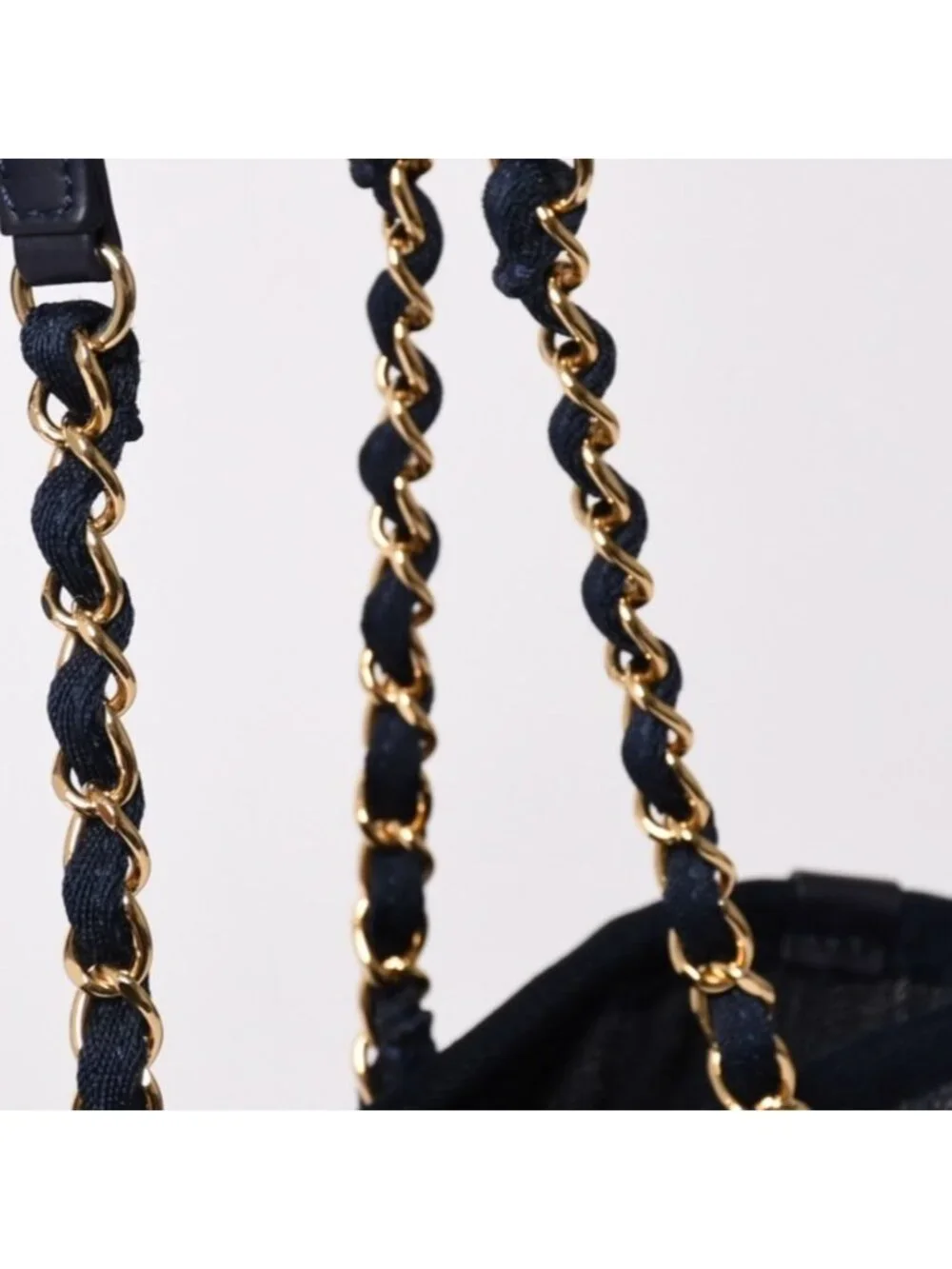 Chanel Deauville PM Chain Tote Shoulder Bag Denim Canvas CC Logo Navy Gold
